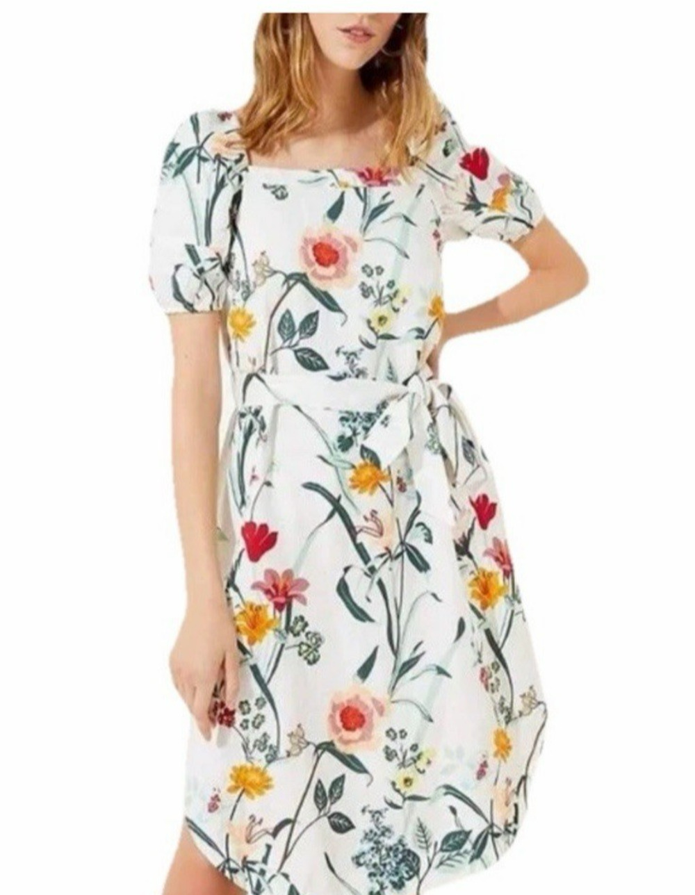 Loft Dress Womens 4 Linen Blend Floral Print Waist Tie Pockets Puff Sleeves Work